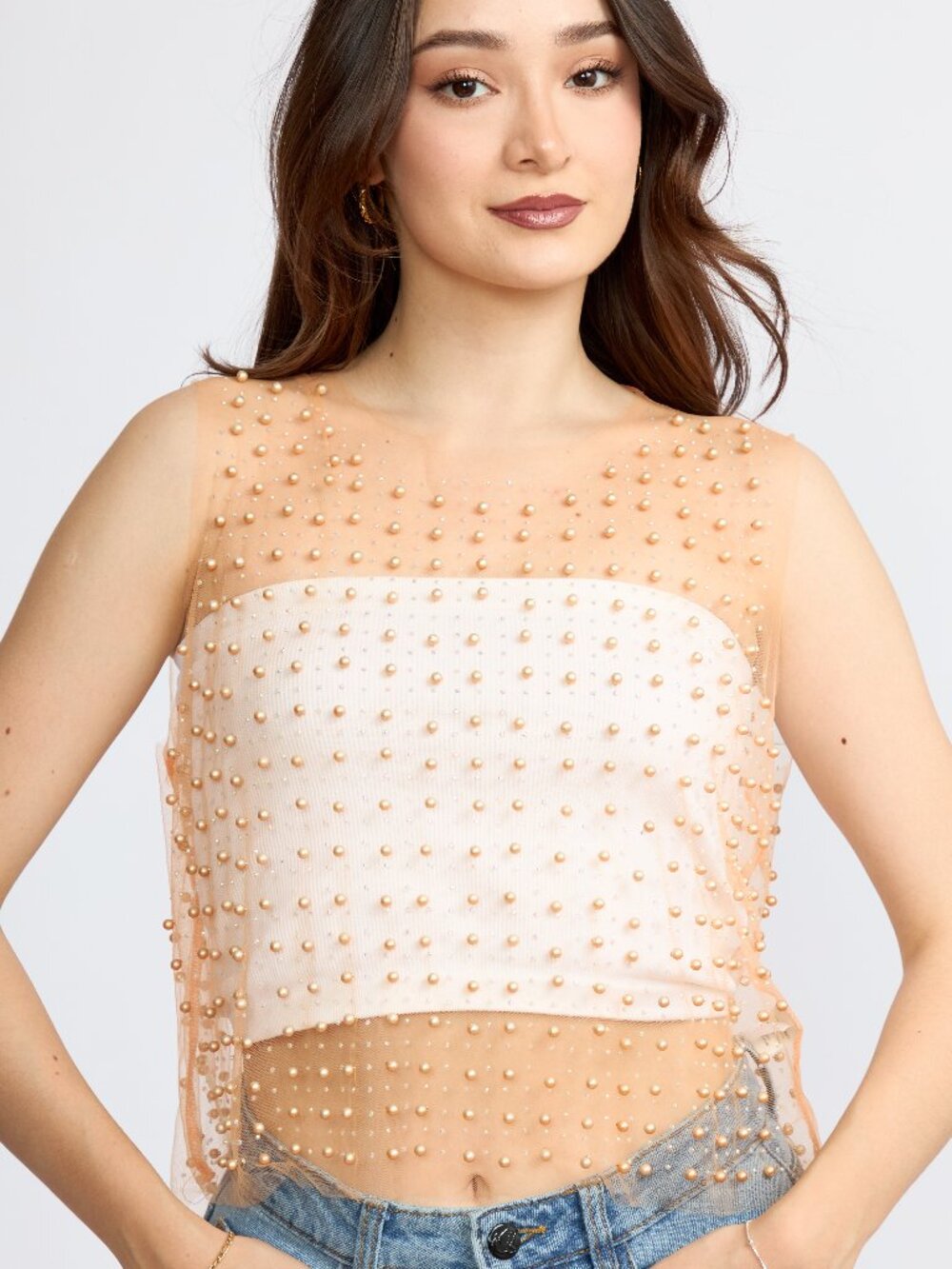 Women’s Pearl Embellished Sheer Mesh Top, Sleeveless Layered Party and Going Out